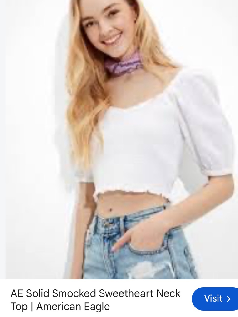 American Eagle Outfitters White Smocked Sweetheart Crop Top with Puff Sleeves
